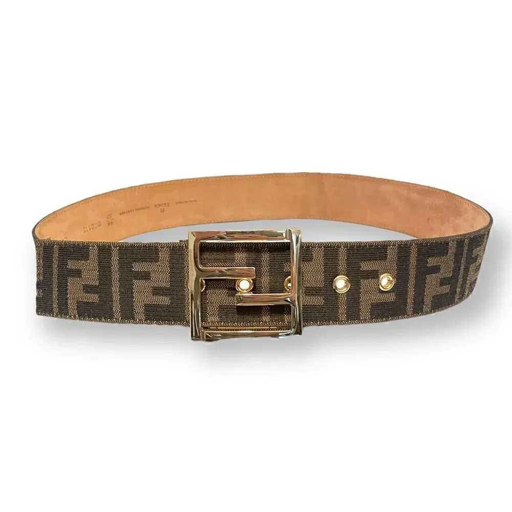 FENDI Classic Monogram Zucca Print Belt with FF Motif Gold  display picture 1
